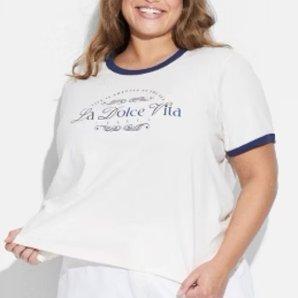 Mighty Fine La Dolce Vita Graphic Ringer Tee Sz M White/Navy